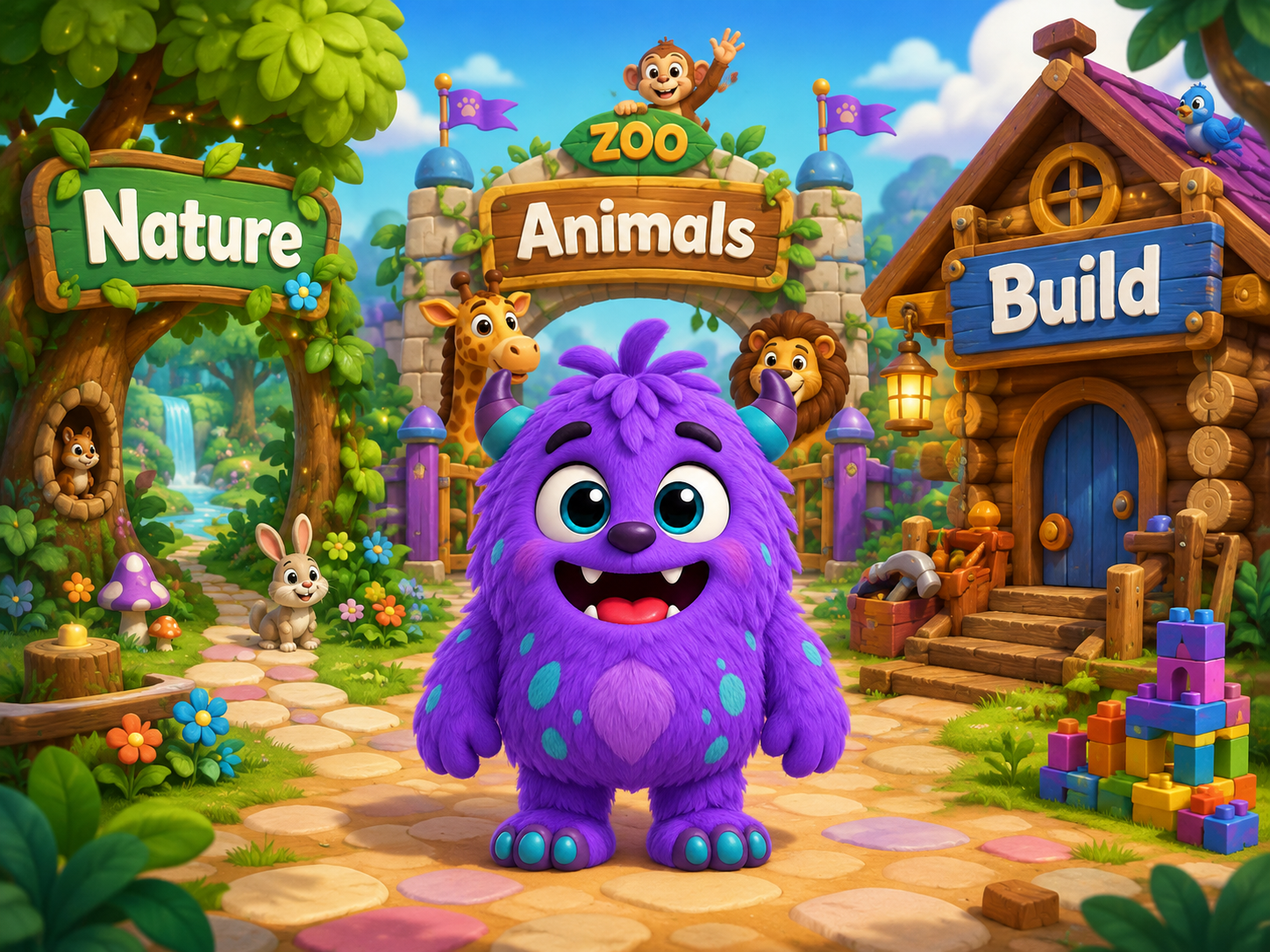 Loodle standing in his Adventure Yard with Nature on the left, Animals in the zoo at the center, and Build at the cabin on the right.